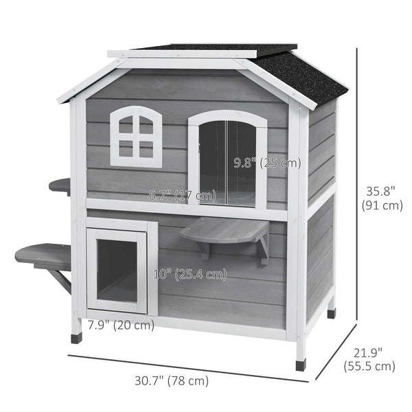 Maison à deux étages pour chats en bois avec toit ouvrant, grise