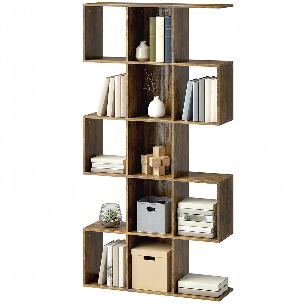Bibliothèque à 5 niveaux géométrique en forme de S avec 15 compartiments, marron rustique