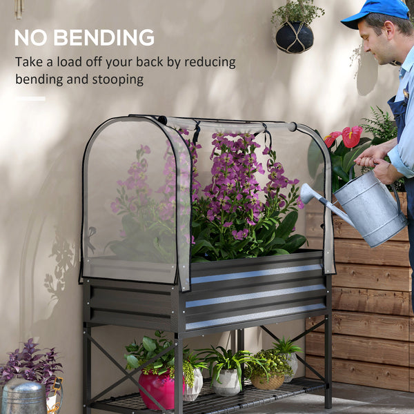 Jardinière surélevée avec couvercle, étagère inférieure et doublure, noir