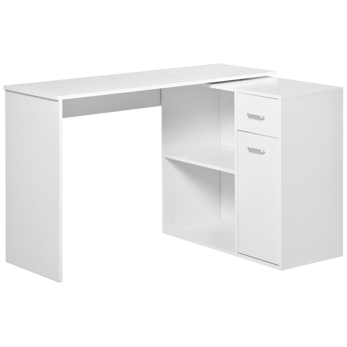 Bureau d'angle pivotant à 180° avec étagère de rangement, blanc