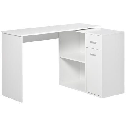 Bureau d'angle pivotant à 180° avec étagère de rangement, blanc