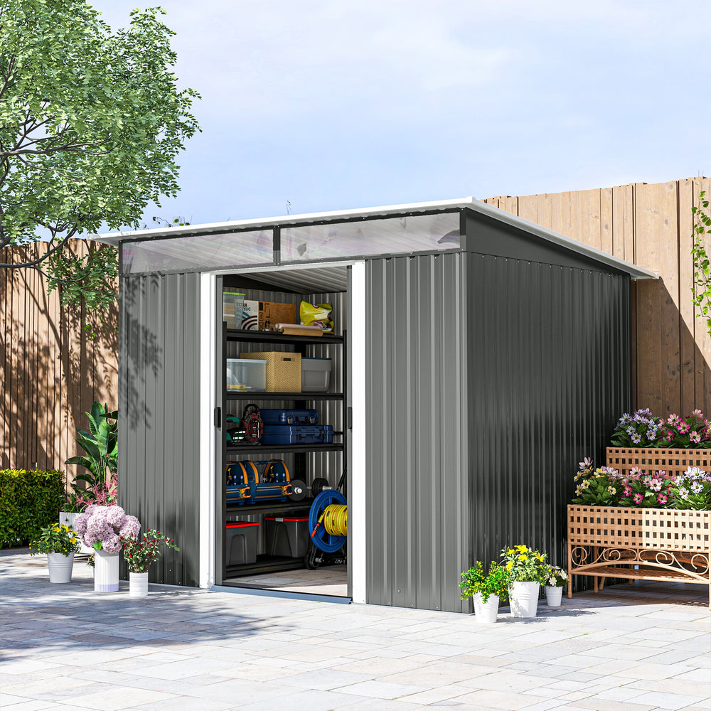 Abri de jardin en métal 6' x 8,5', rangement d'outils utilitaires, maison de jardin en acier, gris foncé