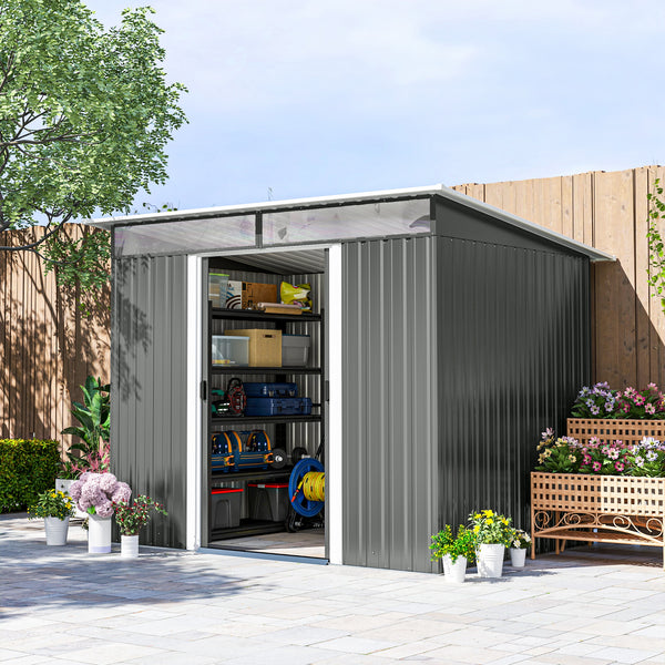 Abri de jardin en métal 6' x 8,5', rangement d'outils utilitaires, maison de jardin en acier, gris foncé