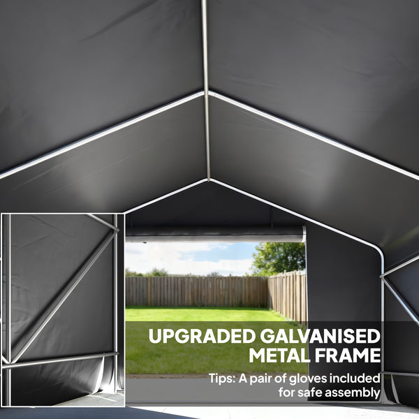 Portable waterproof garden shed with roll-up zip door and reinforced galvanized metal frame, dark grey