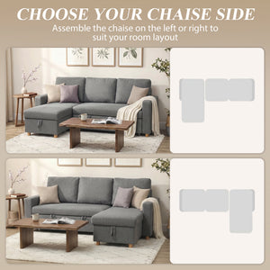 83" Sofa Bed, Pull Out Sleeper L Shaped Sectional Couch with Reversible Storage Chaise, Wide and Deep Seat, Light Grey
