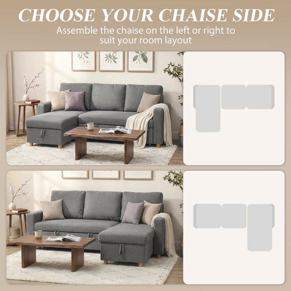 83" Sofa Bed, Pull Out Sleeper L Shaped Sectional Couch with Reversible Storage Chaise, Wide and Deep Seat, Light Grey