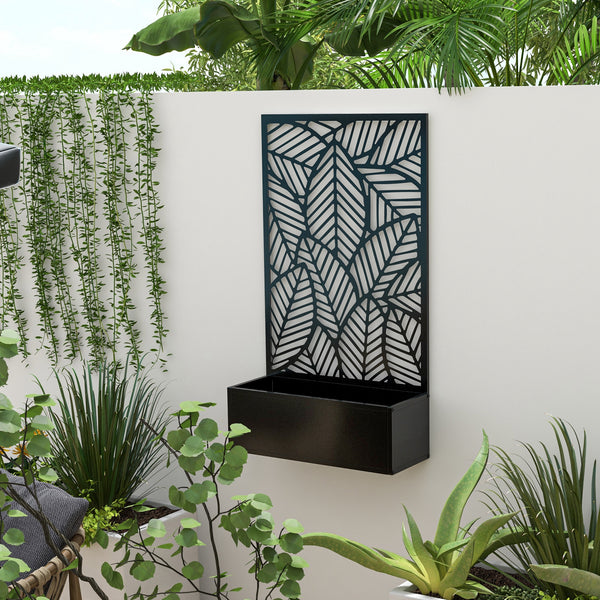 Jardinière surélevée en métal avec panneau d'intimité et bac à fleurs, fixation murale ou autoportante, noire