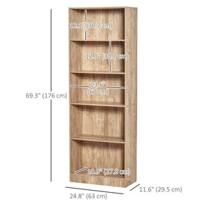 Bibliothèque à 5 niveaux avec tablettes réglables pour salon, bureau, bois naturel