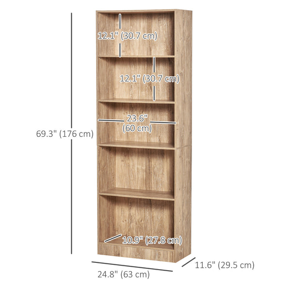 Bibliothèque à 5 niveaux avec tablettes réglables pour salon, bureau, bois naturel