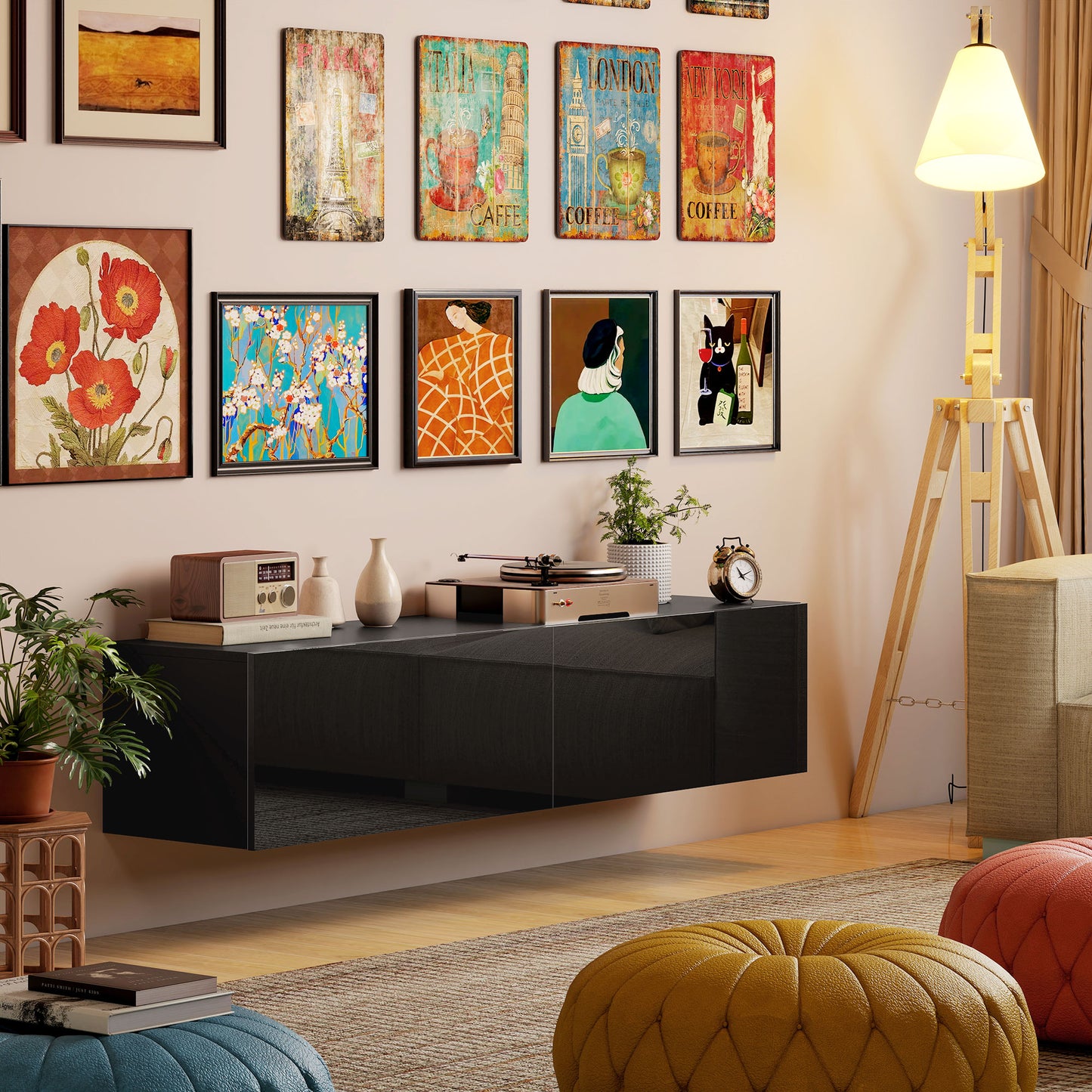 Meuble TV mural avec rangements pour téléviseurs 45, 55 et 65 pouces, noir