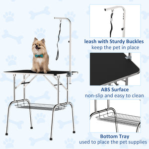 Stainless steel dog grooming table with adjustable arm and basket