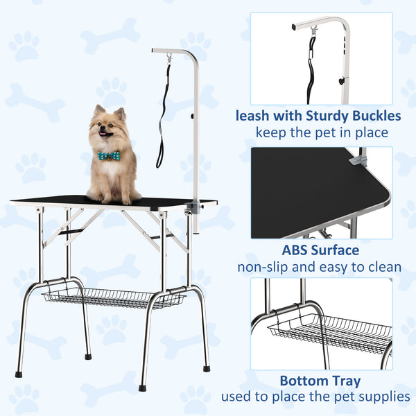 Stainless steel dog grooming table with adjustable arm and basket