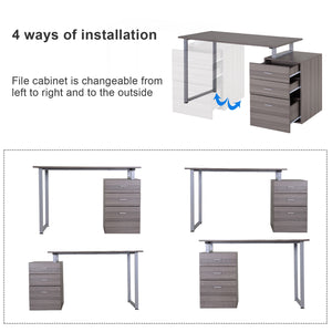 Bureau d'ordinateur en L avec tiroirs de classement réversibles multi-usages, cadre en métal, grain de bois gris