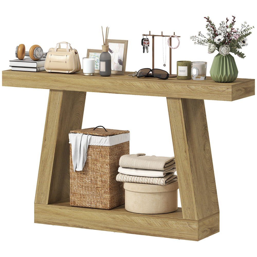 Table console style ferme à 2 niveaux avec rangement, couleur chêne