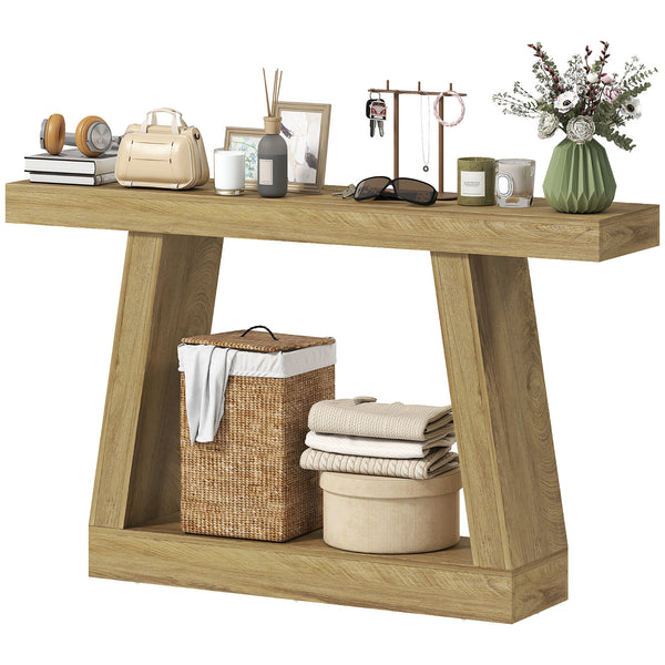 Table console style ferme à 2 niveaux avec rangement, couleur chêne