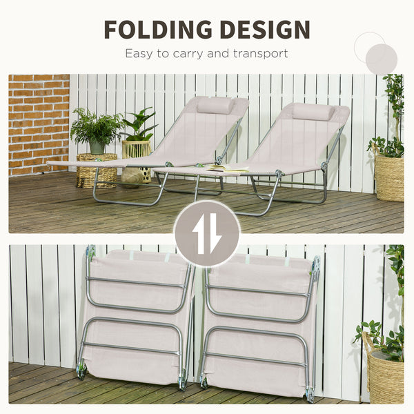 Lot de 2 chaises longues pliantes avec coussin et dossier inclinable, blanc crème
