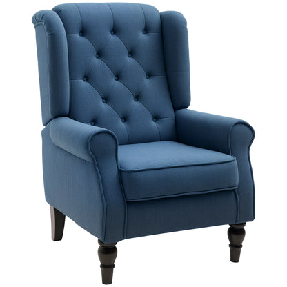 Upholstered accent chair with wooden legs, rounded armrests, thick padding, blue