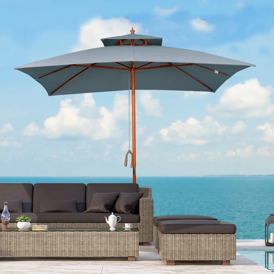 Outsunny 10x10ft Garden Market Parasol Wood Square Patio Umbrella Sunshade Canopy with 2 Pulley Pagoda Style Dark Gray |