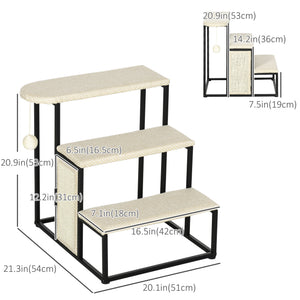 20" 3 Steps Cat Stairs, Carpeted Ladder Ramp, Pet Steps with Scratching Board and Hanging Ball for Small Cats, Steel Frame, Cream White
