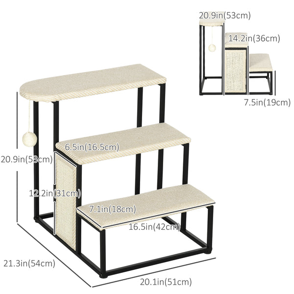 20" 3 Steps Cat Stairs, Carpeted Ladder Ramp, Pet Steps with Scratching Board and Hanging Ball for Small Cats, Steel Frame, Cream White