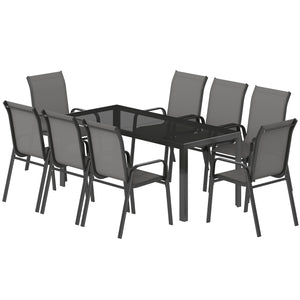Ensemble de patio 9 pièces avec chaises empilables, plateau en verre pour jardin, terrasse, cour, gris foncé