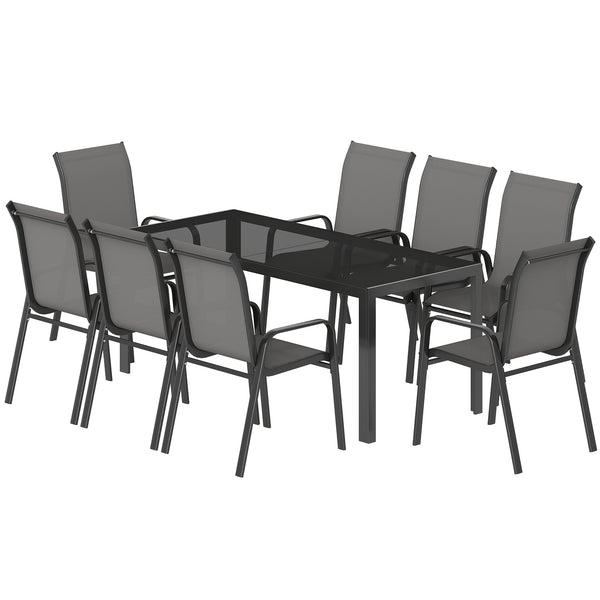 Ensemble de patio 9 pièces avec chaises empilables, plateau en verre pour jardin, terrasse, cour, gris foncé
