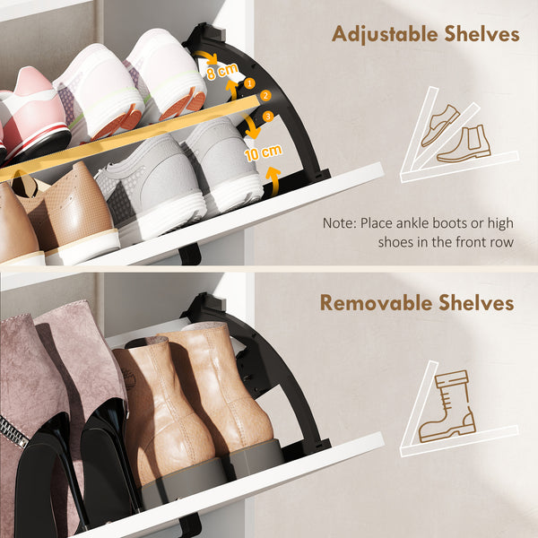 Meuble à chaussures étroit avec 2 tiroirs basculants et rangements latéraux, blanc