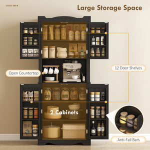 Armoire de cuisine avec 12 étagères de porte et support pour micro-ondes, noir