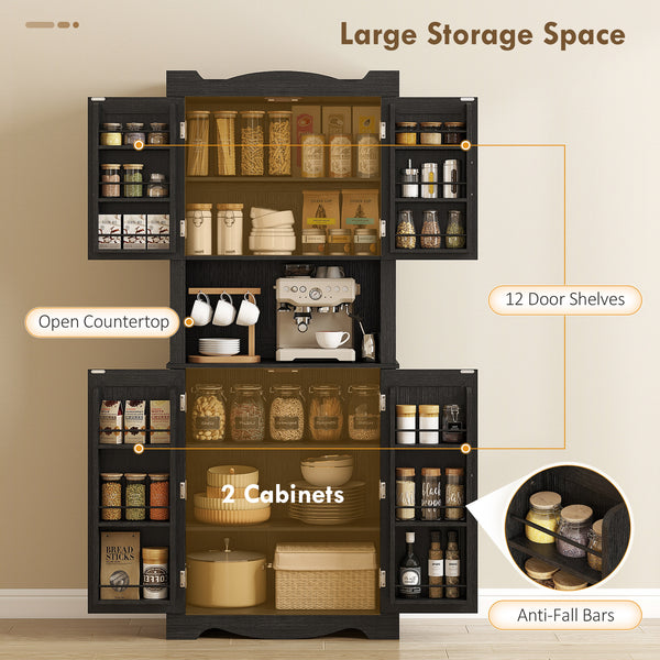 Armoire de cuisine avec 12 étagères de porte et support pour micro-ondes, noir