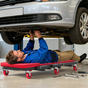 2-in-1 rolling mechanic's trolley with cushion, 6 wheels, red