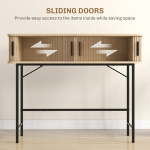 Narrow console with slatted sliding doors and legs in steel, oak and black