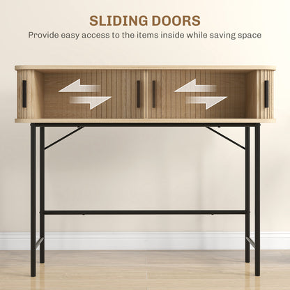 Console étroite avec portes coulissantes à lattes et pieds en acier, chêne et noir