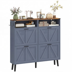 Shoe cabinet with 4 tip-out drawers, country style, narrow, holds up to 24 pairs, blue