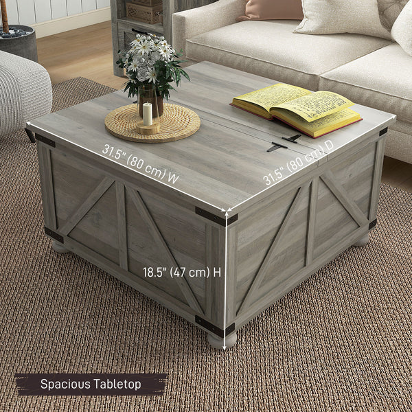 Table basse de style farmhouse avec couvercles rabattables, gris vieilli