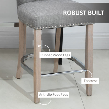 Set of 2 Upholstered Counter Height Bar Stools with Tufted Backrest, Wooden Legs and Footrest, Grey