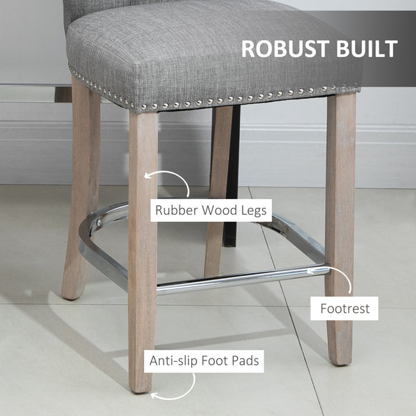 Lot de 2 tabourets de bar rembourrés, hauteur comptoir, avec dossier capitonné, pieds et repose-pieds en bois, gris