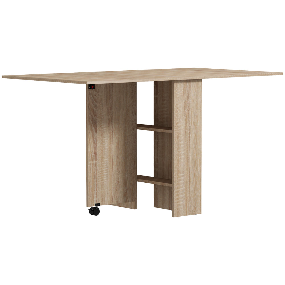 Table pliante pliable avec étagères à 2 niveaux et roulettes, bois naturel