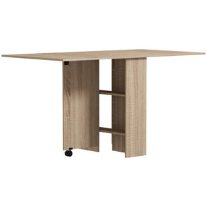 Table pliante pliable avec étagères à 2 niveaux et roulettes, bois naturel
