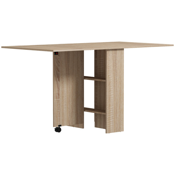 Table pliante pliable avec étagères à 2 niveaux et roulettes, bois naturel