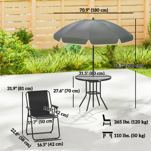 6-Piece Patio Dining Set with Umbrella, Folding Chairs, and Glass Table, Black.