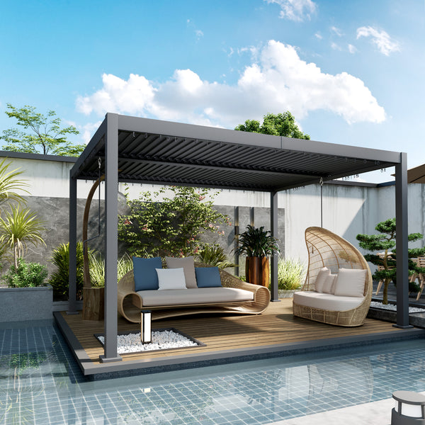 10' x 12' Louvered Pergola with Adjustable Metal Roof and Aluminum Frame, Outdoor Hardtop Gazebo with Drainage System