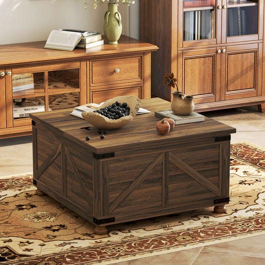 Table basse avec plateau relevable de style campagnard avec compartiment caché, grain de bois brun