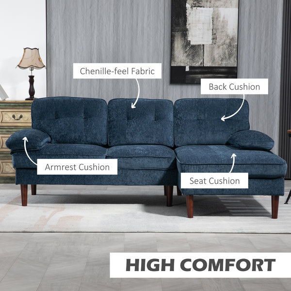 Modern corner sofa with chaise longue, 3 seater upholstered with wooden legs for living room, navy blue