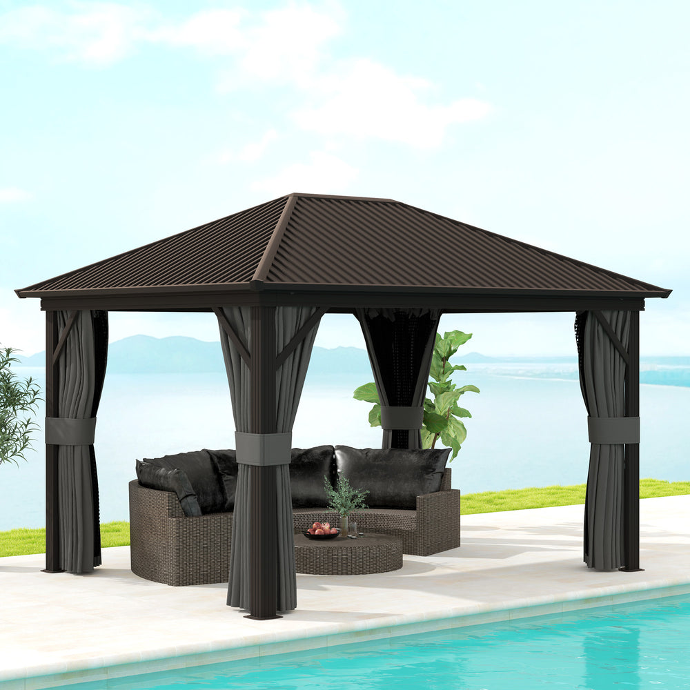 10' x 12' Outdoor Hardtop Gazebo Metal Roof Patio Gazebo with Aluminum Frame, Mesh Nettings, Dark Grey