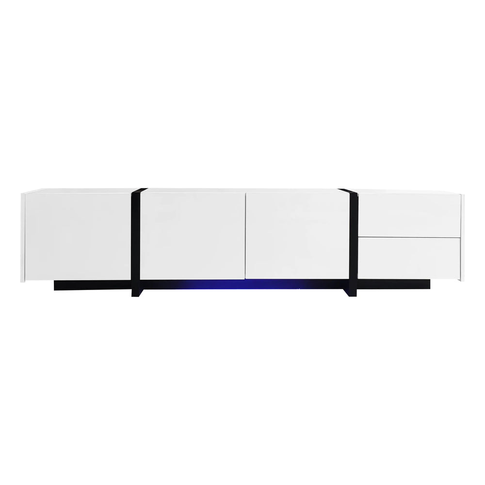 Meuble TV moderne avec finition brillante, grand espace de rangement avec tiroirs et armoires, blanc