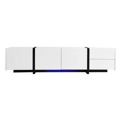 Meuble TV moderne avec finition brillante, grand espace de rangement avec tiroirs et armoires, blanc