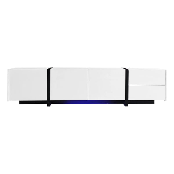 Meuble TV moderne avec finition brillante, grand espace de rangement avec tiroirs et armoires, blanc