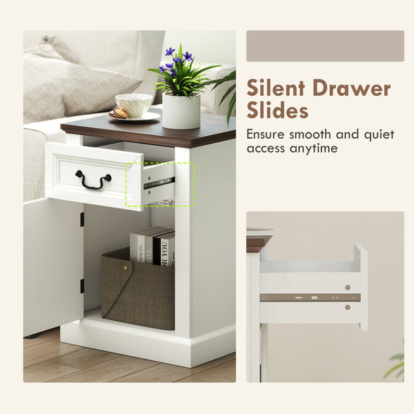 Set of 2 side tables with drawer and cupboard, white.