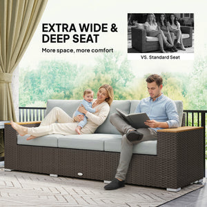 3-Seater Outdoor Sofa Couch, Wicker Patio Sofa with Wood Effect Armrests and Thick Cushions, Grey