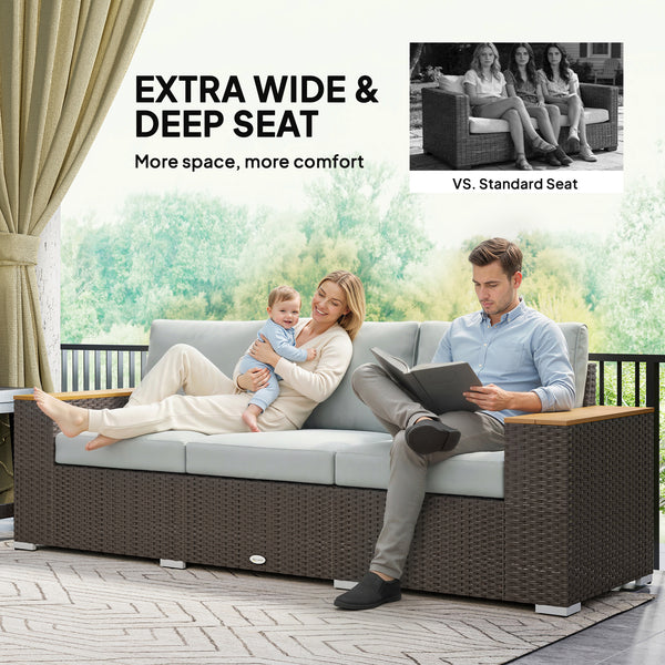 3-Seater Outdoor Sofa Couch, Wicker Patio Sofa with Wood Effect Armrests and Thick Cushions, Grey